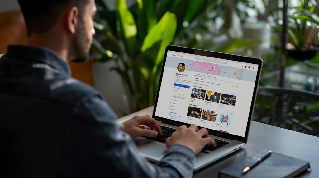 antreprenor actualizând profilul Google Business pentru optimizare SEO locală