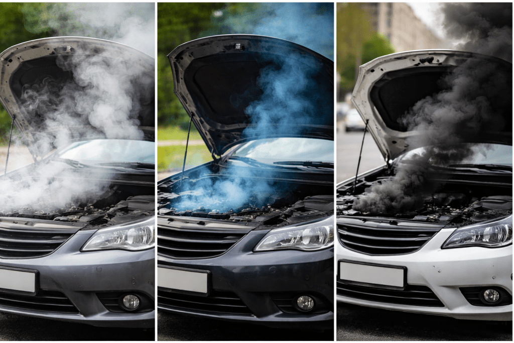 Fum alb, negru, albastru ce iese din motorul unor mașini.